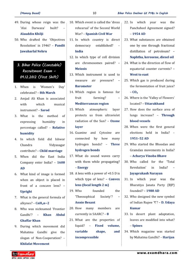 Bihar Police Constable Previous Year GK/GS (48 Set)- Examwise [English Medium] - Image 9
