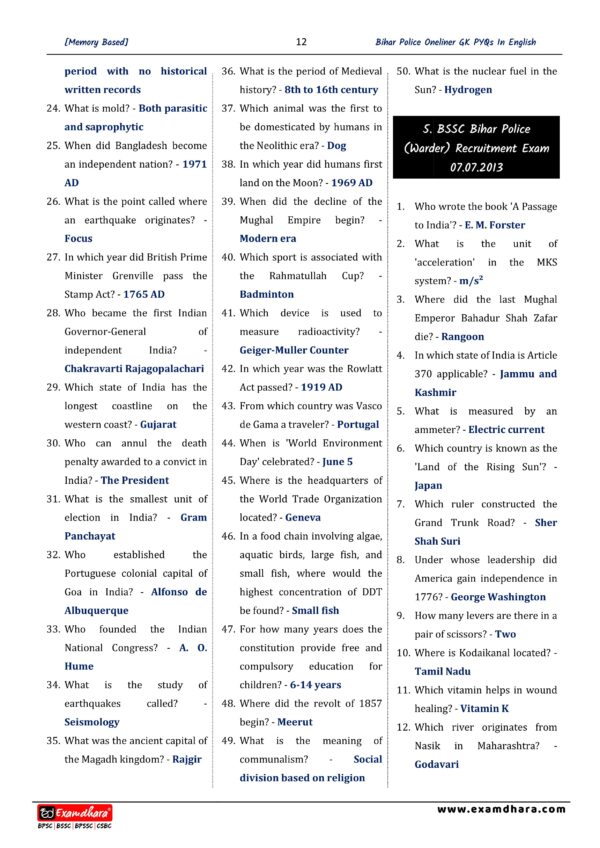 Bihar Police Constable Previous Year GK/GS (48 Set)- Examwise [English Medium] - Image 10
